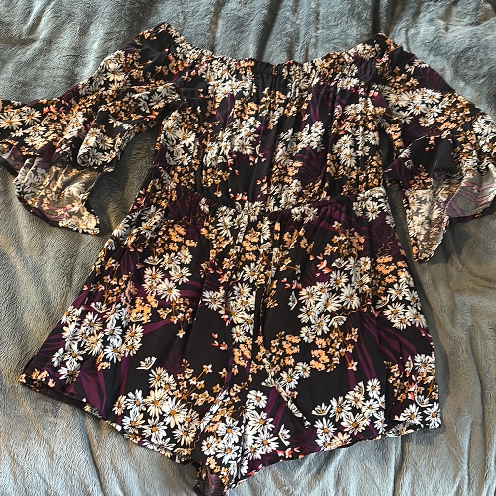 Express Brown and Cream Floral Ruffled Jumpsuit